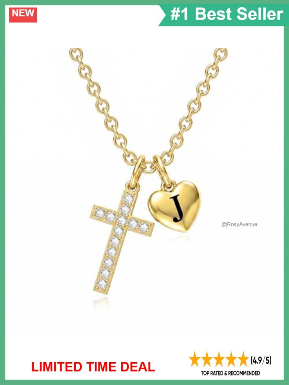14K Gold Plated Cross Initial Pendant Necklace 20 Inch Cable Chain